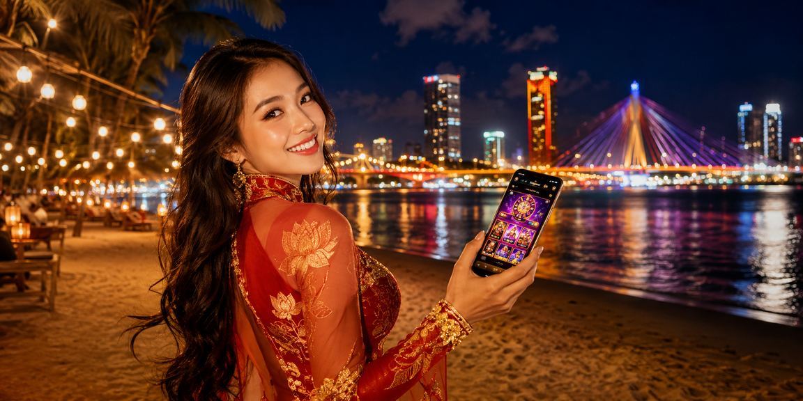 Người dùng kích hoạt voucher casino trên điện thoại trong không khí lễ hội tại Đà Nẵng